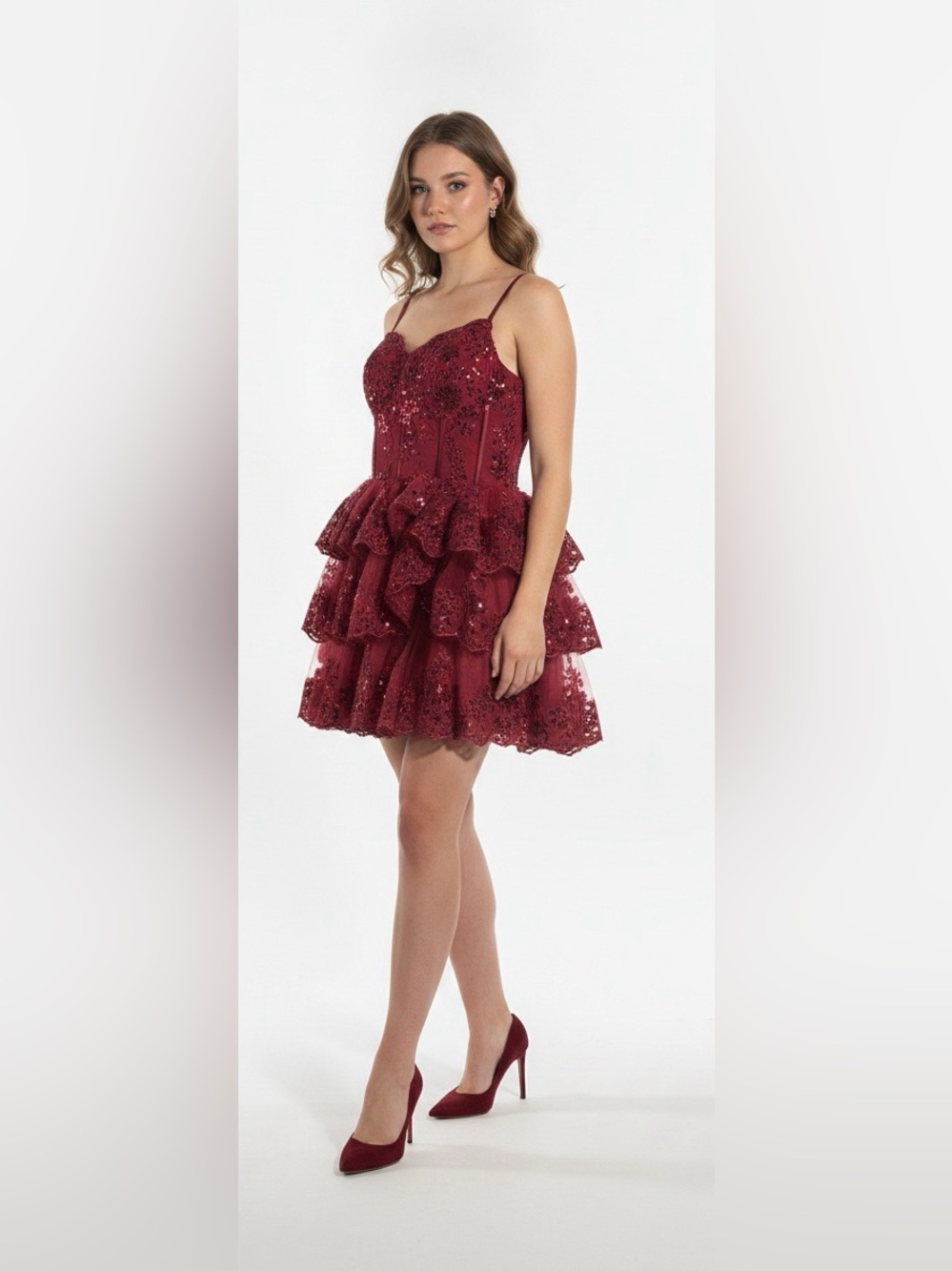 Tiered Sparkly Lace Mini Dress in Burgundy